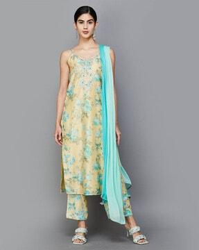 women floral print straight kurta with pants & dupatta