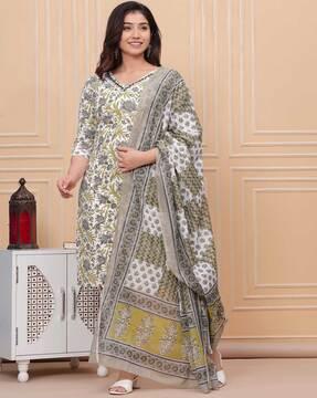 women floral print straight kurta with pants & dupatta