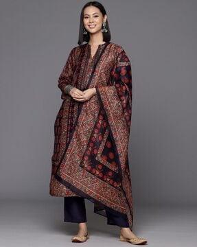 women floral print straight kurta with pants & dupatta