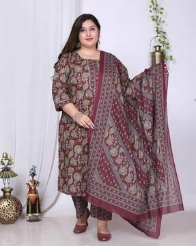 women floral print straight kurta with pants & dupatta