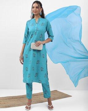 women floral print straight kurta with pants & dupatta