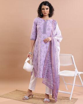 women floral print straight kurta with pants & dupatta