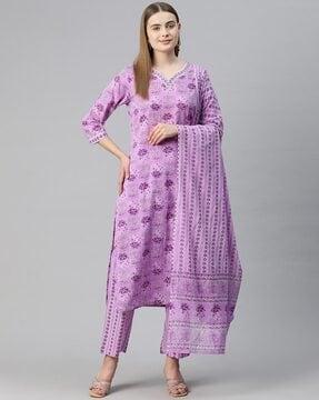 women floral print straight kurta with pants & dupatta