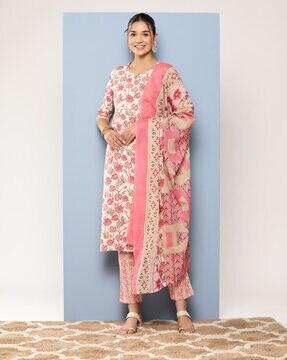 women floral print straight kurta with pants & dupatta