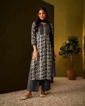 women floral print straight kurta with pants & dupatta