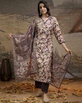 women floral print straight kurta with pants & dupatta