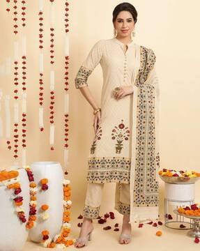 women floral print straight kurta with pants & dupatta