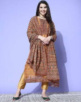 women floral print straight kurta with pants & dupatta