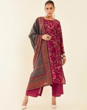 women floral print straight kurta with pants & dupatta