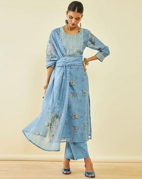 women floral print straight kurta with pants & dupatta