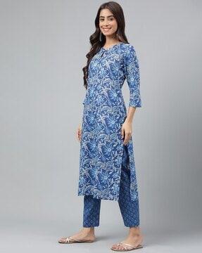 women floral print straight kurta with pants & dupatta