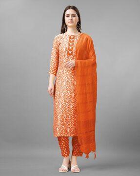 women floral print straight kurta with pants & dupatta