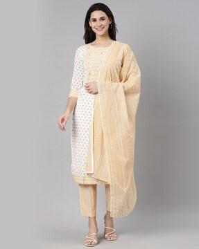 women floral print straight kurta with pants & dupatta