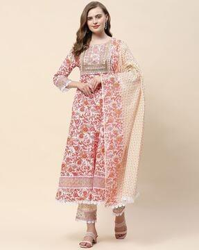 women floral print straight kurta with pants & dupatta