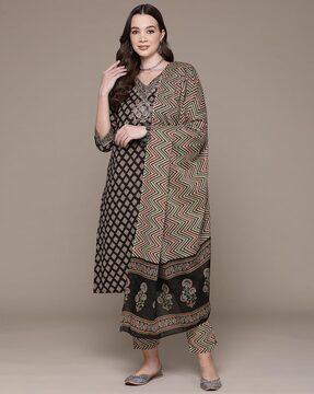 women floral print straight kurta with pants & dupatta