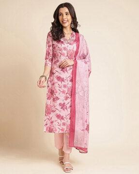 women floral print straight kurta with pants & dupatta