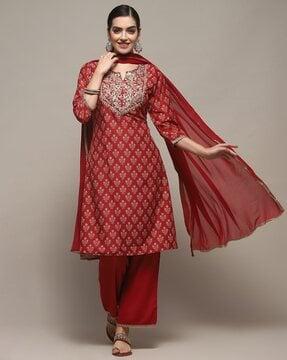 women floral print straight kurta with pants & dupatta