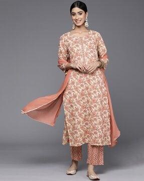 women floral print straight kurta with pants & dupatta