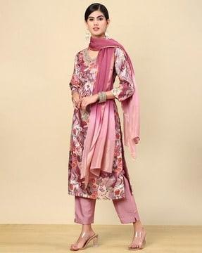 women floral print straight kurta with pants & dupatta