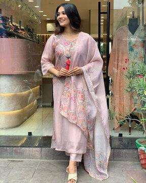 women floral print straight kurta with pants & dupatta