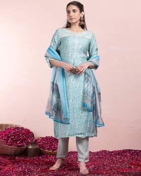 women floral print straight kurta with pants & dupatta