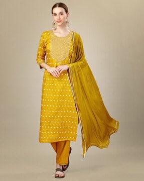 women floral print straight kurta with pants & dupatta