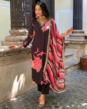 women floral print straight kurta with pants & dupatta