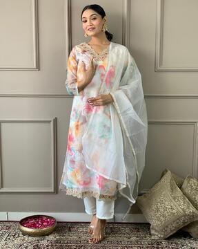 women floral print straight kurta with pants & dupatta