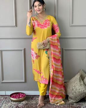 women floral print straight kurta with pants & dupatta