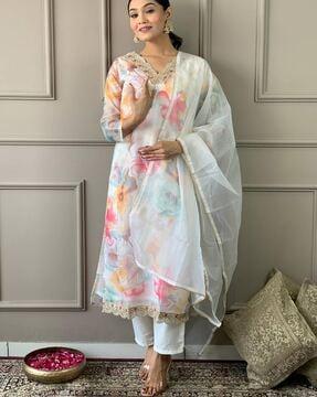 women floral print straight kurta with pants & dupatta