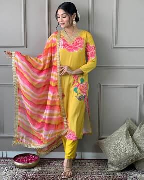 women floral print straight kurta with pants & dupatta