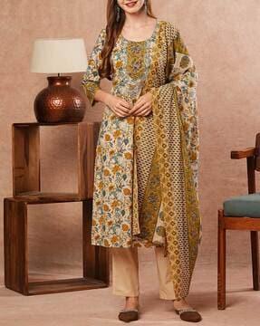 women floral print straight kurta with pants & dupatta