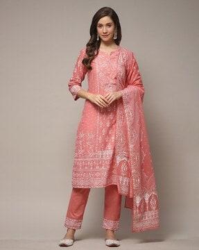 women floral print straight kurta with pants & dupatta