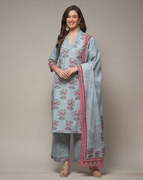 women floral print straight kurta with pants & dupatta