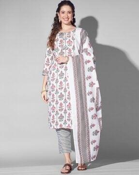 women floral print straight kurta with pants & dupatta