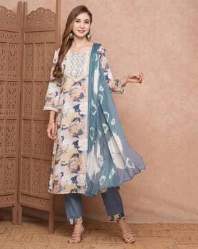 women floral print straight kurta with pants & dupatta