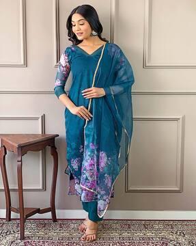 women floral print straight kurta with pants & dupatta