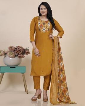 women floral print straight kurta with pants & dupatta