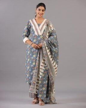 women floral print straight kurta with pants & dupatta