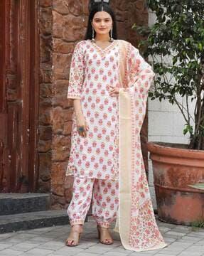 women floral print straight kurta with pants & dupatta