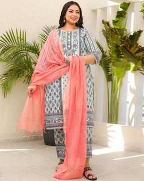 women floral print straight kurta with pants & dupatta