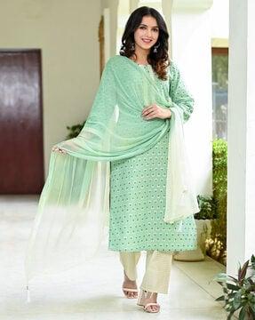 women floral print straight kurta with pants & dupatta