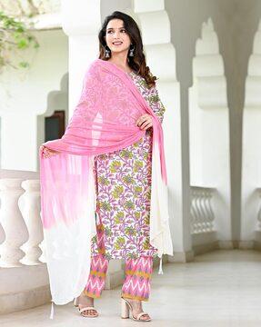 women floral print straight kurta with pants & dupatta