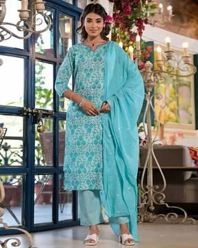 women floral print straight kurta with pants & dupatta