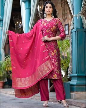 women floral print straight kurta with pants & dupatta