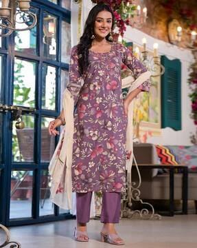 women floral print straight kurta with pants & dupatta