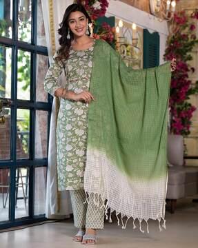 women floral print straight kurta with pants & dupatta