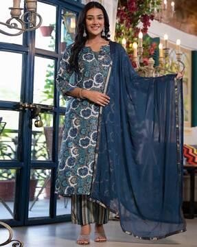 women floral print straight kurta with pants & dupatta