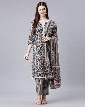 women floral print straight kurta with pants & dupatta