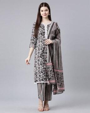 women floral print straight kurta with pants & dupatta